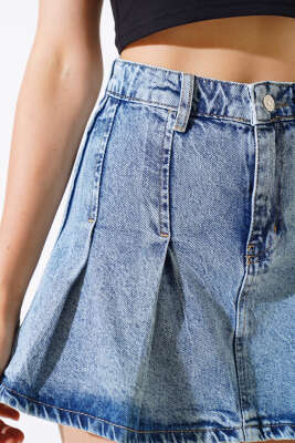 Pileli Mini Kot Etek Açık Mavi - Kadın Giyim Modelleri