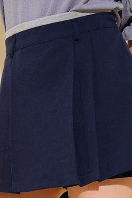 Pileli Mini Şort Etek Lacivert - Kadın Giyim Modelleri