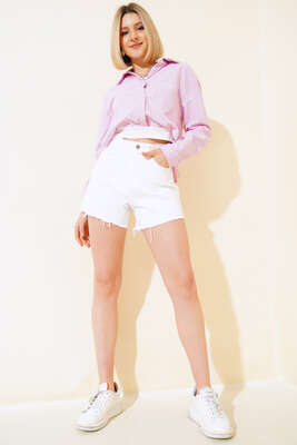 Pileli Paça Püsküllü Kot Şort Beyaz - Kadın Giyim Modelleri