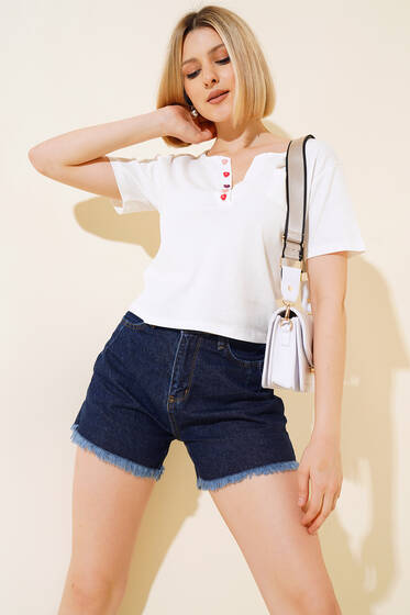 Pileli Paça Püsküllü Kot Şort Koyu Mavi - Kadın Giyim Modelleri