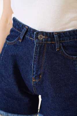 Pileli Paça Püsküllü Kot Şort Koyu Mavi - Kadın Giyim Modelleri