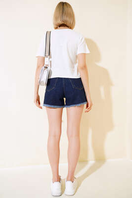 Pileli Paça Püsküllü Kot Şort Koyu Mavi - Yılın Fırsatı