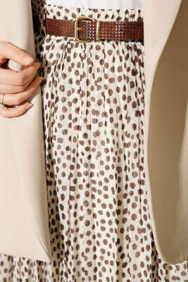 Pileli Şifon Kemerli Etek Bej - Etek