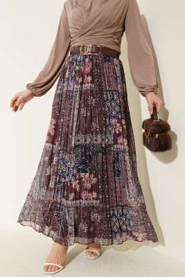 Pileli Şifon Kemerli Etek Kahve - ALİ AKKAYA