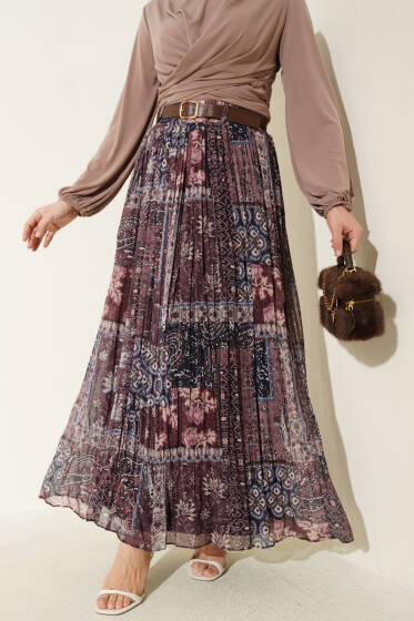 Pileli Şifon Kemerli Etek Kahve - Etek