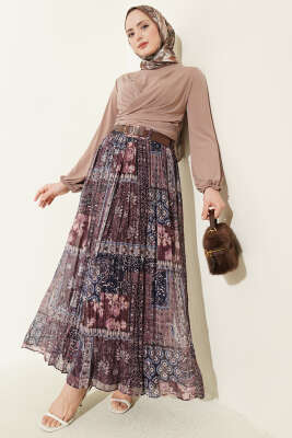 Pileli Şifon Kemerli Etek Kahve - Etek
