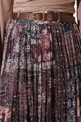 Pileli Şifon Kemerli Etek Kahve - Etek