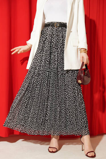 Pileli Şifon Kemerli Etek Siyah - Etek