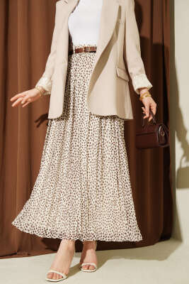 Pileli Şifon Puantiyeli Kemerli Etek Bej - ALİ AKKAYA