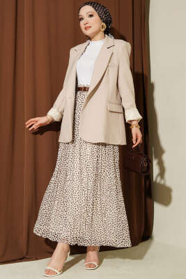 Pileli Şifon Puantiyeli Kemerli Etek Bej - Etek