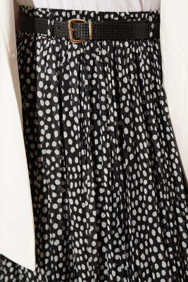 Pileli Şifon Puantiyeli Kemerli Etek Siyah - Etek