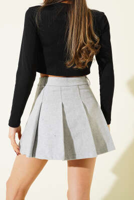 Pileli Şort Astarlı Kaşe Mini Etek Gri - Kadın Giyim Modelleri