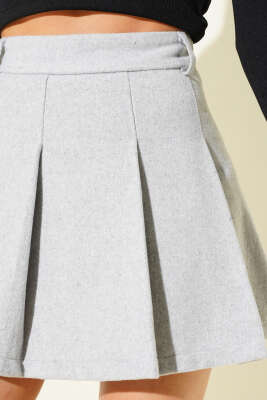 Pileli Şort Astarlı Kaşe Mini Etek Gri - Kadın Giyim Modelleri