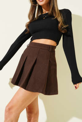 Pileli Şort Astarlı Kaşe Mini Etek Kahve - Kadın Giyim Modelleri
