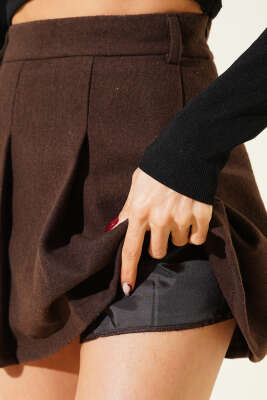 Pileli Şort Astarlı Kaşe Mini Etek Kahve - Kadın Giyim Modelleri
