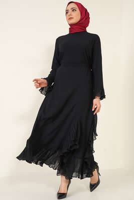 Pileli Tül Detaylı Elbise Siyah - Thumbnail