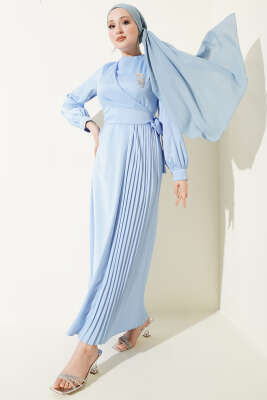 Pileli Yan Bağlamalı Saten Abiye Elbise Bebe Mavi - BERAT TEKSTİL