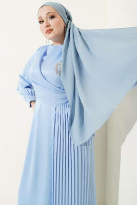 Pileli Yan Bağlamalı Saten Abiye Elbise Bebe Mavi - Elbise