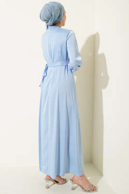 Pileli Yan Bağlamalı Saten Abiye Elbise Bebe Mavi - Elbise