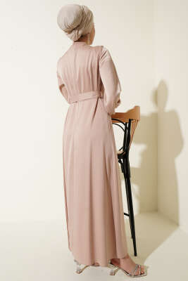 Pileli Yan Bağlamalı Saten Abiye Elbise Bej - Elbise