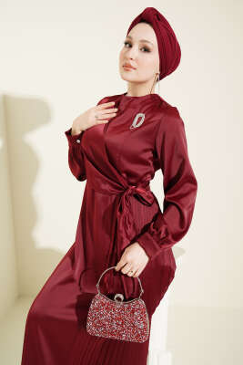 Pileli Yan Bağlamalı Saten Abiye Elbise Bordo - BERAT TEKSTİL