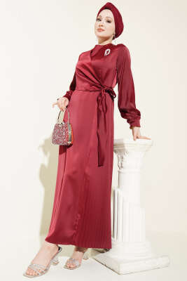 Pileli Yan Bağlamalı Saten Abiye Elbise Bordo - Elbise