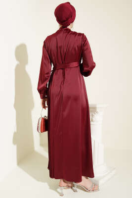 Pileli Yan Bağlamalı Saten Abiye Elbise Bordo - Elbise