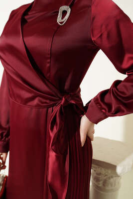 Pileli Yan Bağlamalı Saten Abiye Elbise Bordo - Elbise