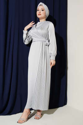 Pileli Yan Bağlamalı Saten Abiye Elbise Gri - BERAT TEKSTİL