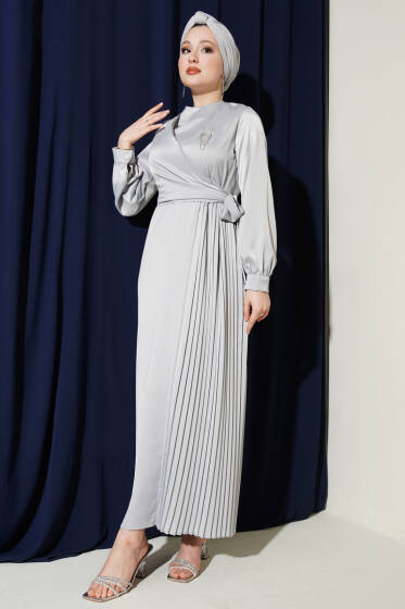 Pileli Yan Bağlamalı Saten Abiye Elbise Gri - Elbise
