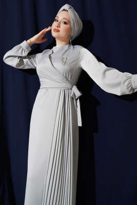 Pileli Yan Bağlamalı Saten Abiye Elbise Gri - Elbise