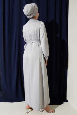 Pileli Yan Bağlamalı Saten Abiye Elbise Gri - Elbise