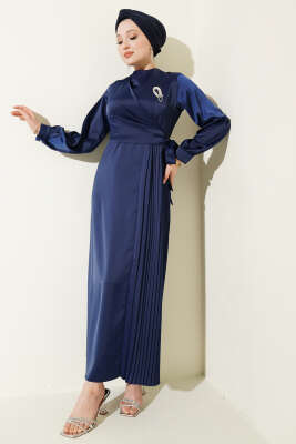 Pileli Yan Bağlamalı Saten Abiye Elbise Lacivert - BERAT TEKSTİL