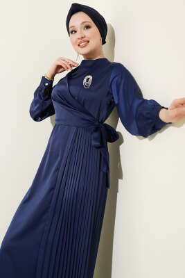 Pileli Yan Bağlamalı Saten Abiye Elbise Lacivert - Elbise