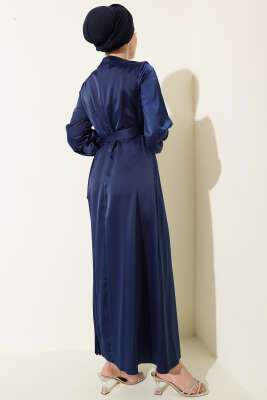 Pileli Yan Bağlamalı Saten Abiye Elbise Lacivert - Elbise