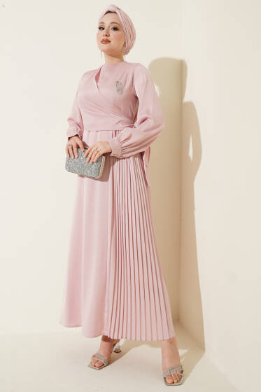 Pileli Yan Bağlamalı Saten Abiye Elbise Pembe - Elbise