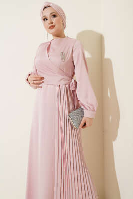 Pileli Yan Bağlamalı Saten Abiye Elbise Pembe - Elbise