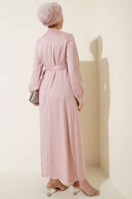 Pileli Yan Bağlamalı Saten Abiye Elbise Pembe - Elbise