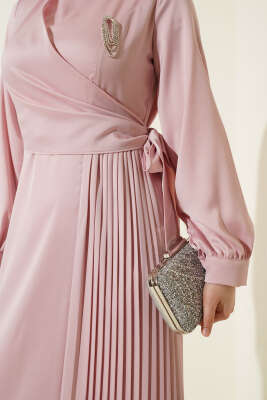 Pileli Yan Bağlamalı Saten Abiye Elbise Pembe - Elbise