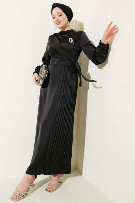 Pileli Yan Bağlamalı Saten Abiye Elbise Siyah - BERAT TEKSTİL