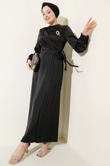 Pileli Yan Bağlamalı Saten Abiye Elbise Siyah - Elbise