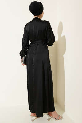 Pileli Yan Bağlamalı Saten Abiye Elbise Siyah - Elbise