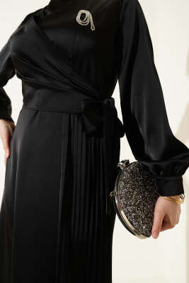 Pileli Yan Bağlamalı Saten Abiye Elbise Siyah - Elbise