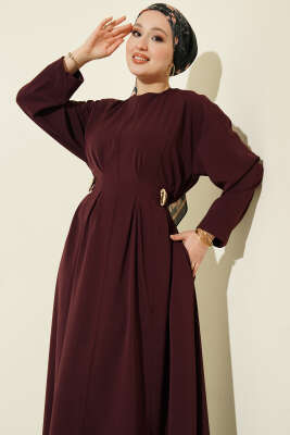 Pileli Yan Kuşak Bağlamalı Elbise Bordo - Elbise