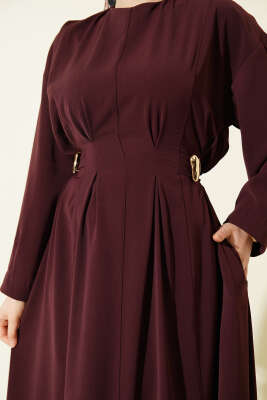 Pileli Yan Kuşak Bağlamalı Elbise Bordo - Elbise