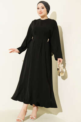 Pileli Yan Kuşak Bağlamalı Elbise Siyah - WENNA DESIGN