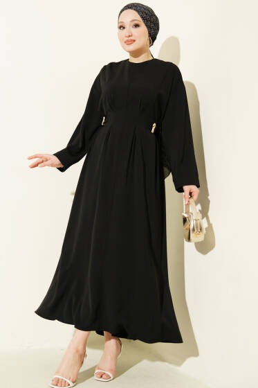 Pileli Yan Kuşak Bağlamalı Elbise Siyah - Elbise