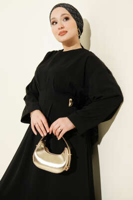 Pileli Yan Kuşak Bağlamalı Elbise Siyah - Elbise