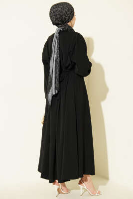 Pileli Yan Kuşak Bağlamalı Elbise Siyah - Elbise