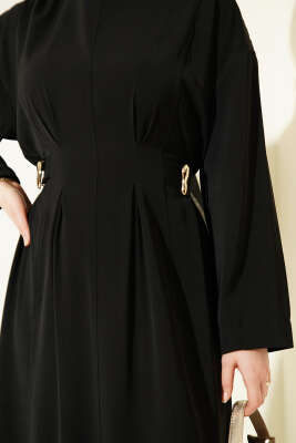 Pileli Yan Kuşak Bağlamalı Elbise Siyah - Elbise